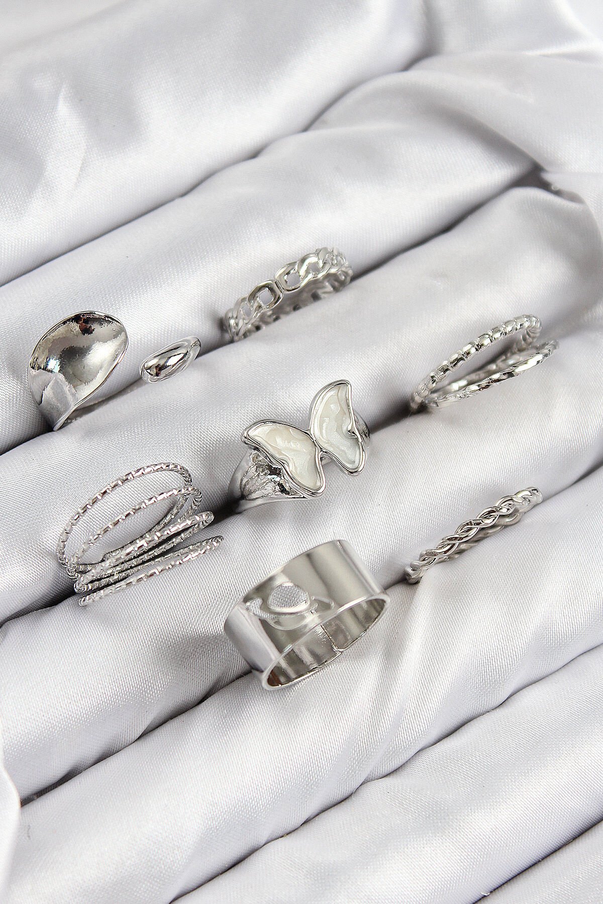 Pirinç Kelebek Model Gümüş Renk Kadın Yüzük Kombin Set - TJ-BYK3814