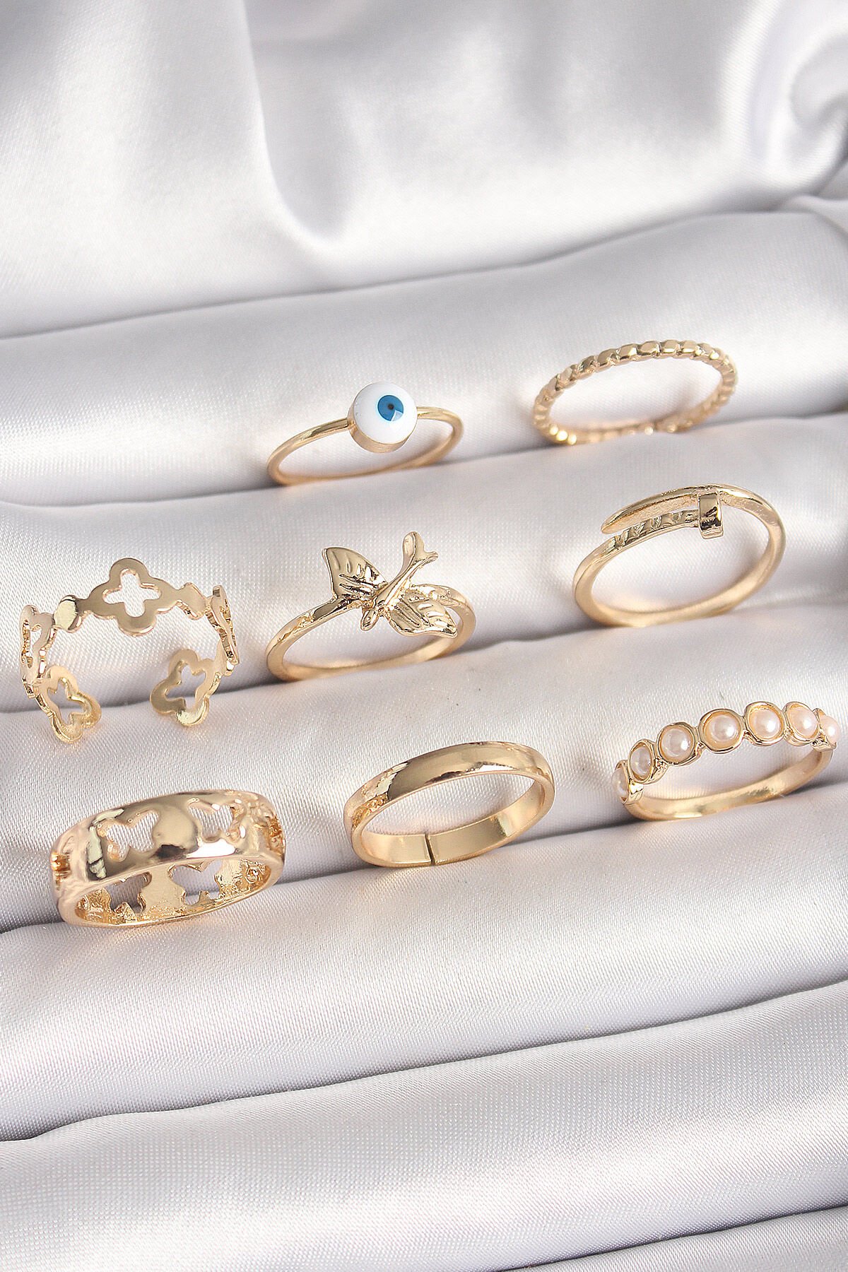 Pirinç Gold Renk Nazar Boncuk Model Kuş Detay Kadın Yüzük Kombini - TJ-BYK3672
