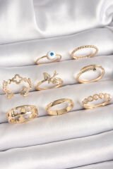 Pirinç Gold Renk Nazar Boncuk Model Kuş Detay Kadın Yüzük Kombini - TJ-BYK3672