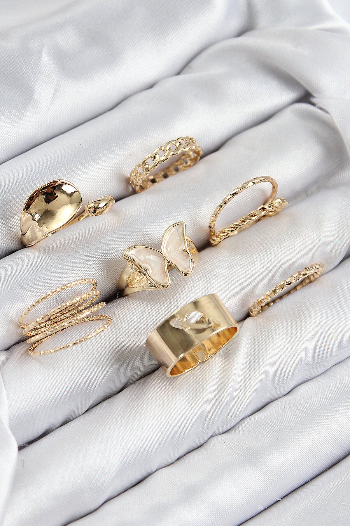 Pirinç Kelebek Model Gold Renk Kadın Yüzük Kombin Set - TJ-BYK3815