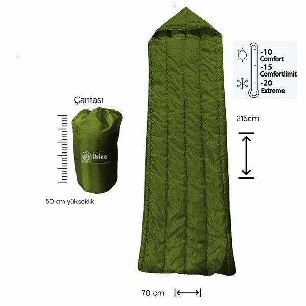 Uyku Tulumu Haki Renk Su Geçirmez Kumaş 20 Dereceye Kadar Isı Yalıtımlı  - 215 cm x 70 cm  (4944)