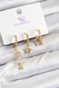 Pirinç Zİrkon Taşlı Ay Ve Hilal Model Gold Renk 3'lü Kadın Küpe - TJ-BKP10942