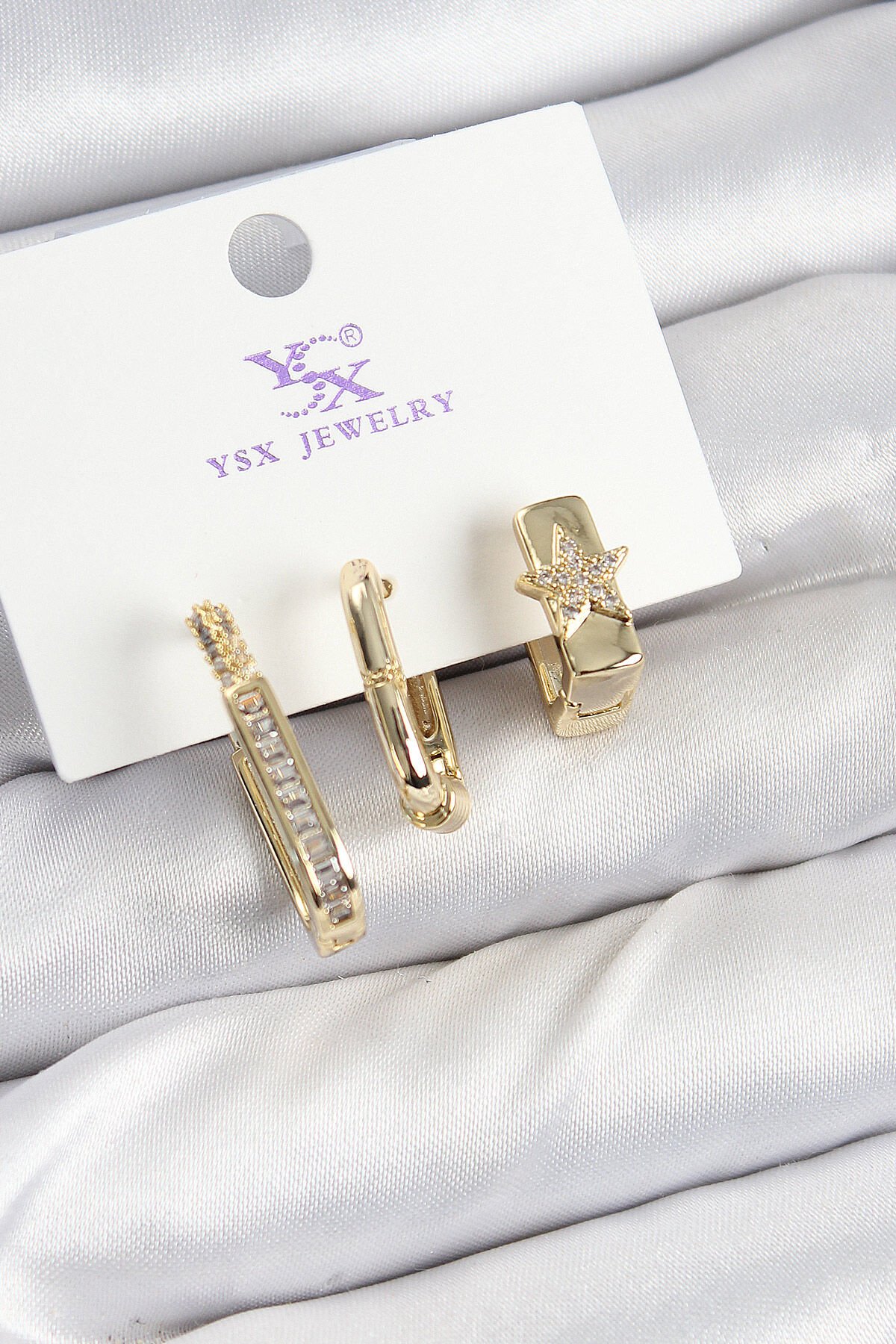 Pirinç Zİrkon Taşlı Yıldız Model Gold Renk 3'lü Kadın Küpe - TJ-BKP10943