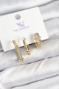 Pirinç Zİrkon Taşlı Yıldız Model Gold Renk 3'lü Kadın Küpe - TJ-BKP10943