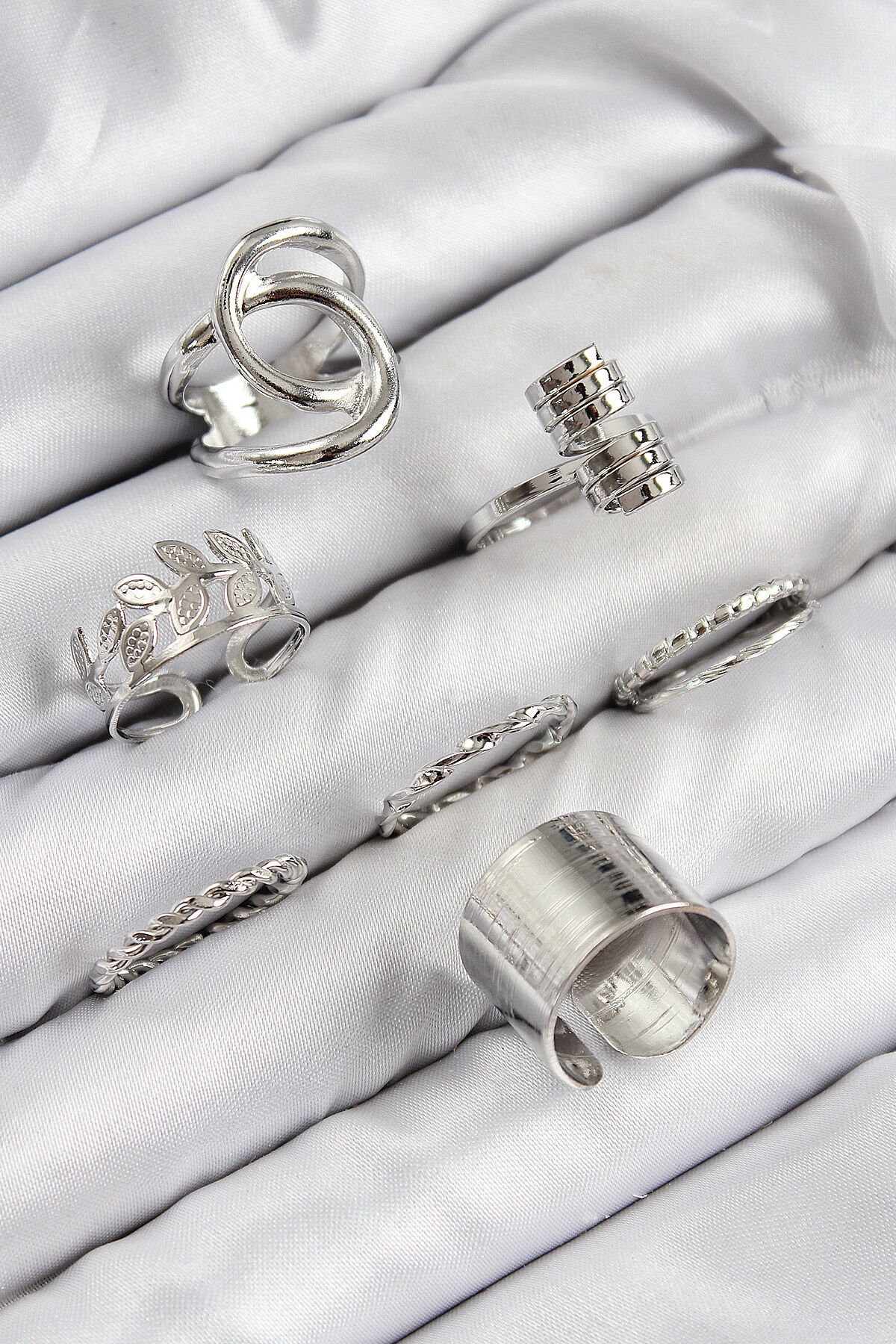 Pirinç Yaprak Model Gümüş Renk Kadın Yüzük Kombin Set - TJ-BYK3818