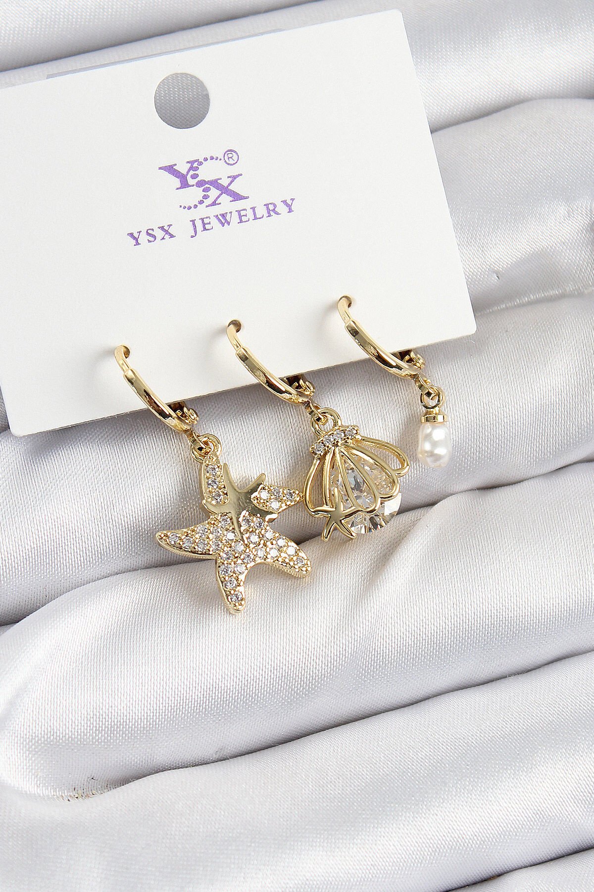 Pirinç Zİrkon Taşlı Deniz Yıldızı Ve İstiridye Model Gold Renk 3'lü Kadın Küpe - TJ-BKP10944