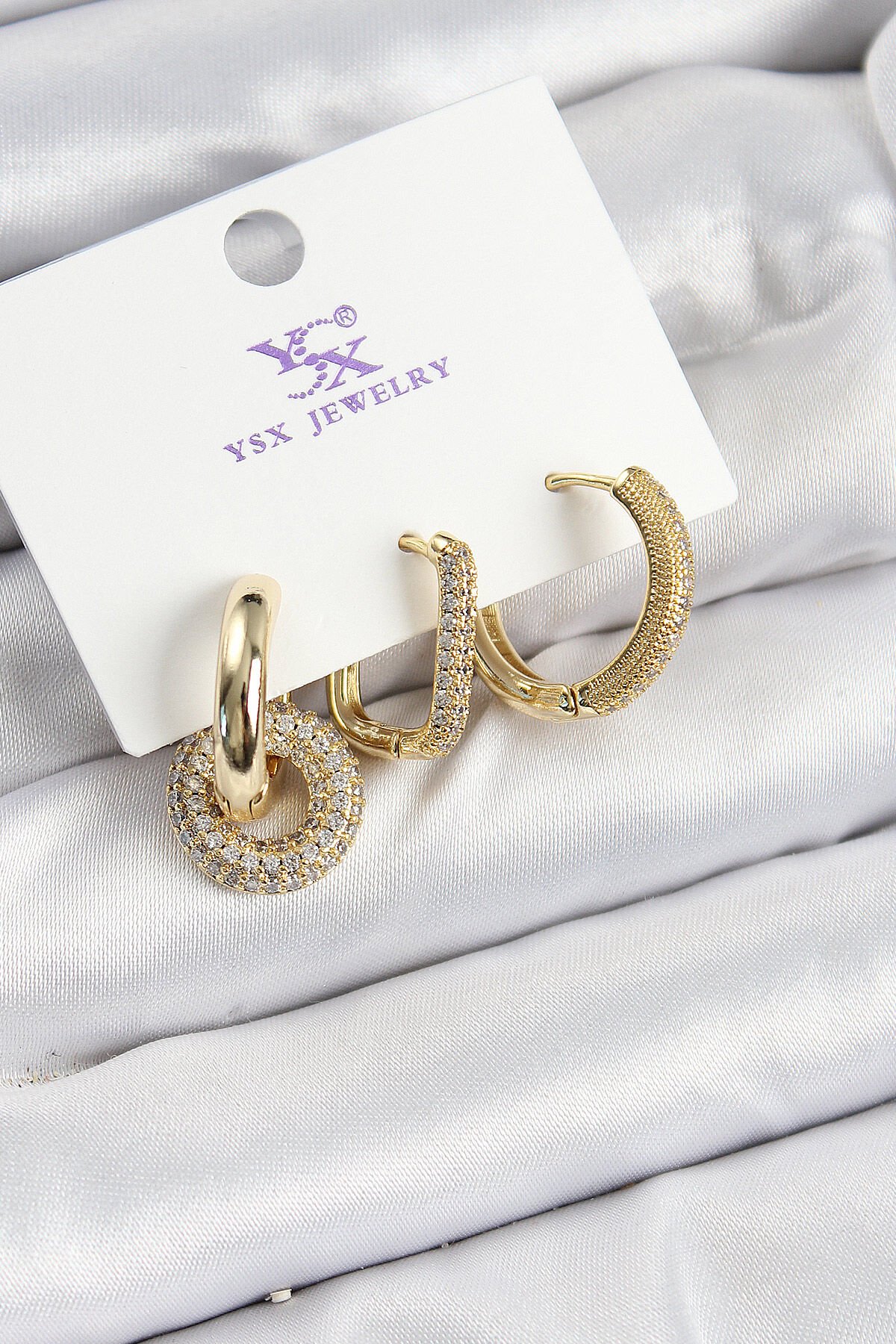 Pirinç Zİrkon Taşlı Halka Model Gold Renk 3'lü Kadın Küpe - TJ-BKP10945