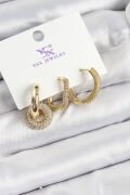 Pirinç Zİrkon Taşlı Halka Model Gold Renk 3'lü Kadın Küpe - TJ-BKP10945