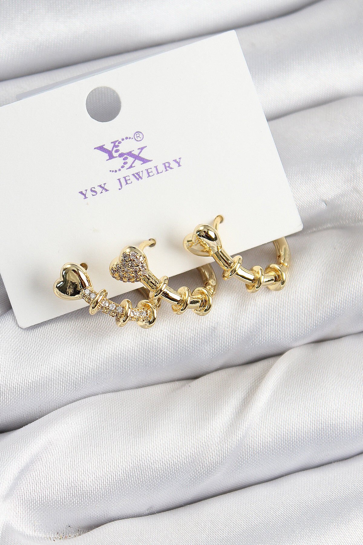 Pirinç Zİrkon Taşlı Kalp Model Gold Renk 3'lü Kadın Küpe - TJ-BKP10947