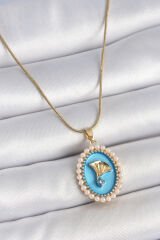 316L Çelik Gold Renk Zincir Mavi Mineli İncili Zirkon Taşlı Çiçek İşlemeli Portre Model Kadın Kolye - TJ-BKO10196