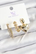 Pirinç Zİrkon Taşlı Kalp Model Gold Renk 3'lü Kadın Küpe - TJ-BKP10948