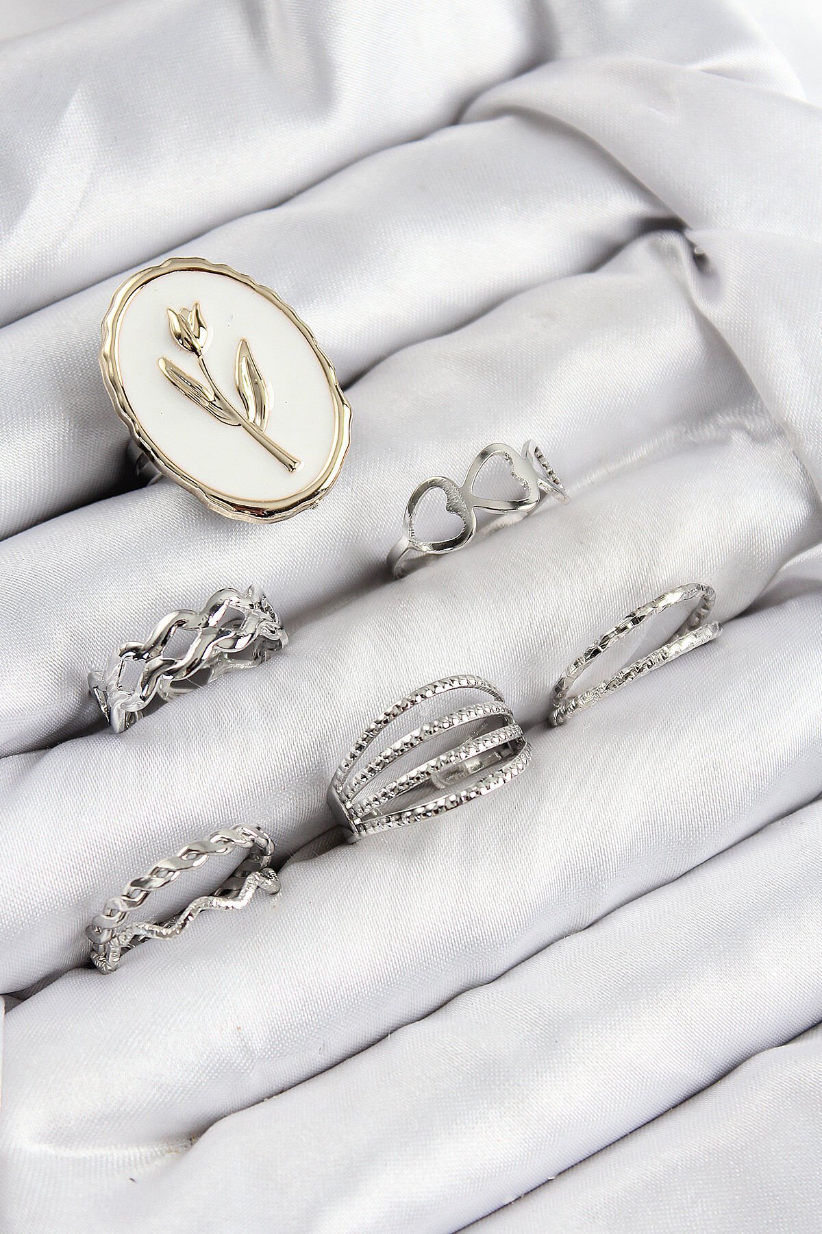 Pirinç Zirkon Taşlı Lale Model Gümüş Renk Kadın Yüzük Kombin Set - TJ-BYK3824