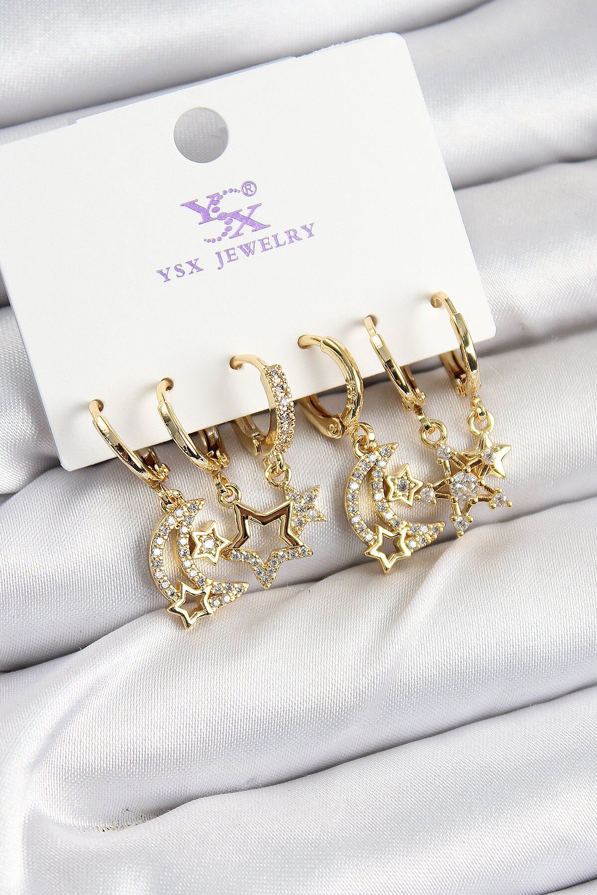 Pirinç Zİrkon Taşlı Ay ve Yıldız Model Gold Renk 3'lü Çift Kadın Küpe - TJ-BKP10953