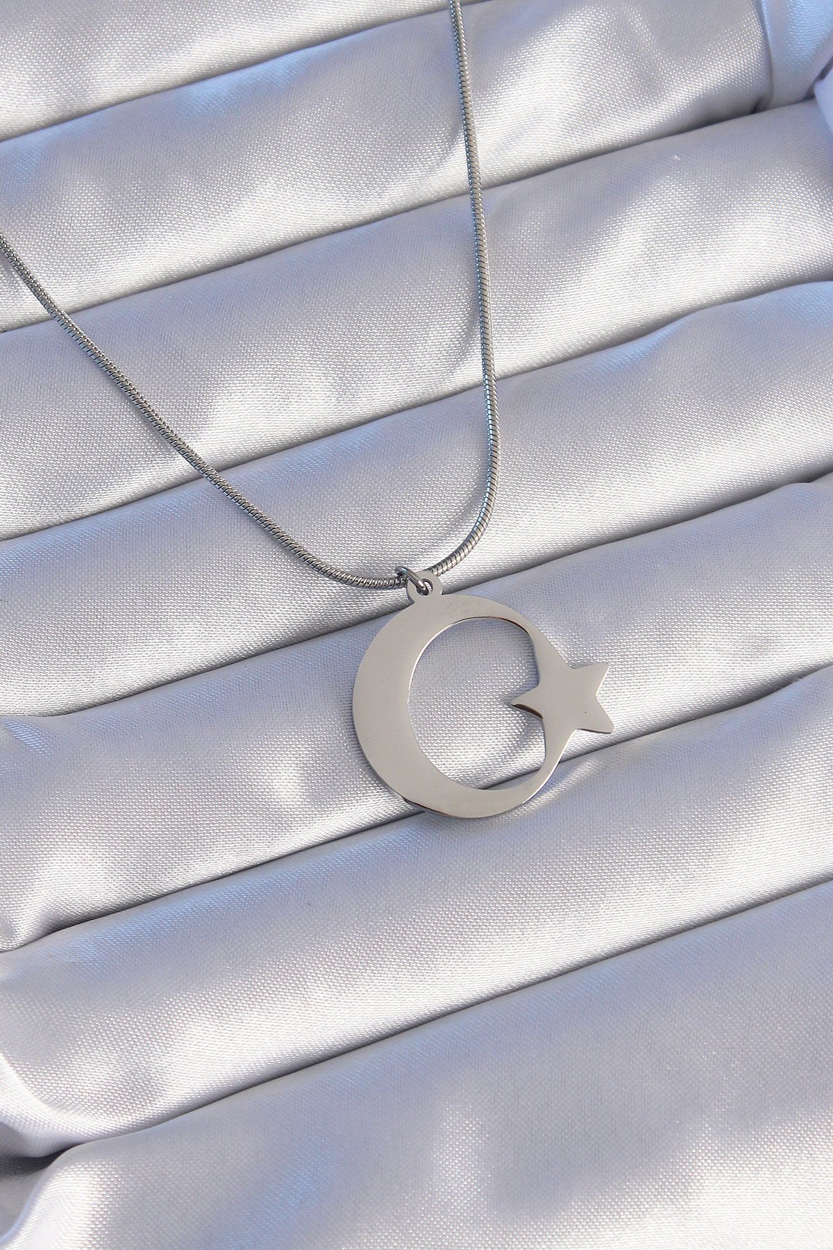 316L Çelik Gümüş Renk Ay Yıldız Model Unisex Kolye - TJ-BKO8882