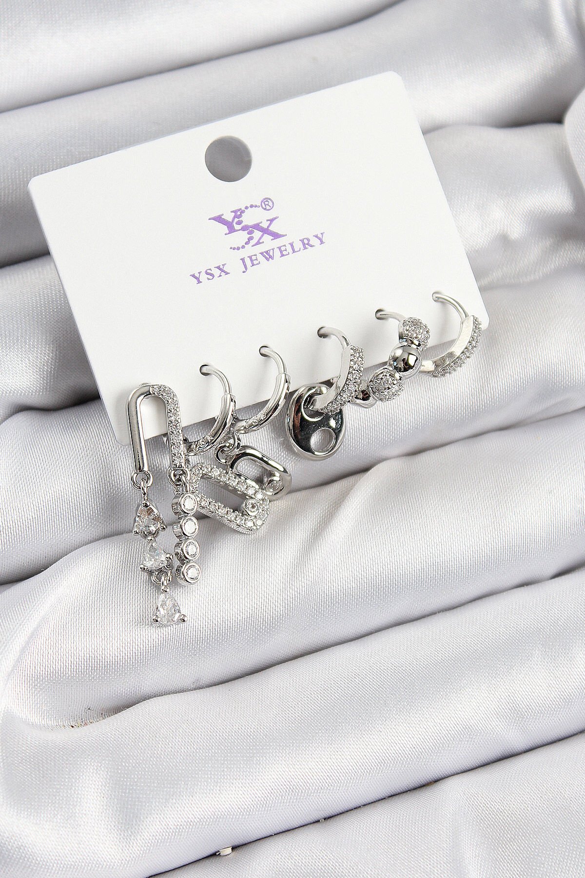 Pirinç Zİrkon Taşlı Dikdörtgen Model Gümüş Renk 3'lü Çift Kadın Küpe - TJ-BKP10954