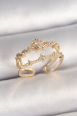 Pirinç Gold Renk Zirkon Taşlı Taç Model Ayarlanabilir Kadın Yüzük - TJ-BYK3687