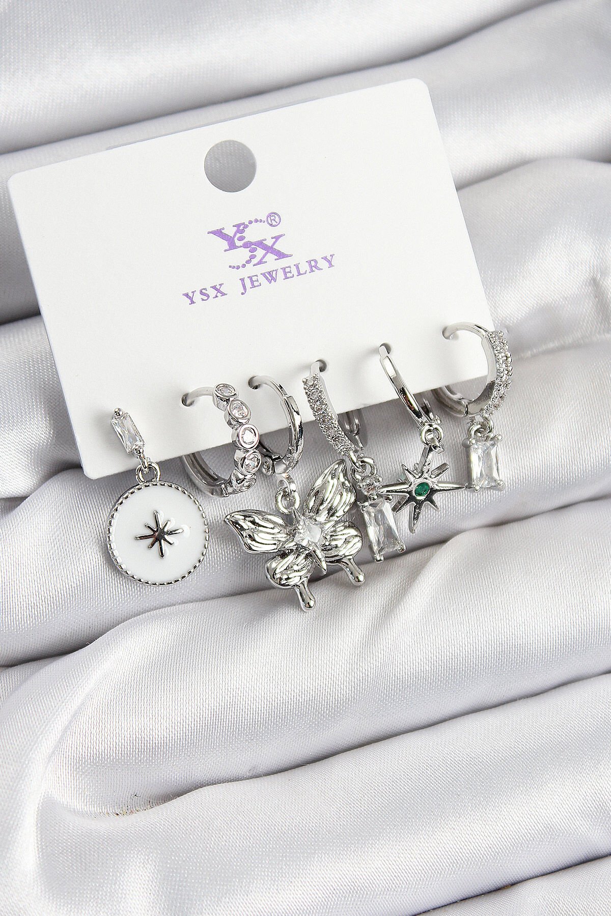 Pirinç Zİrkon Taşlı Kelebek ve Yıldız Model Gümüş Renk 3'lü Çift Kadın Küpe - TJ-BKP10958