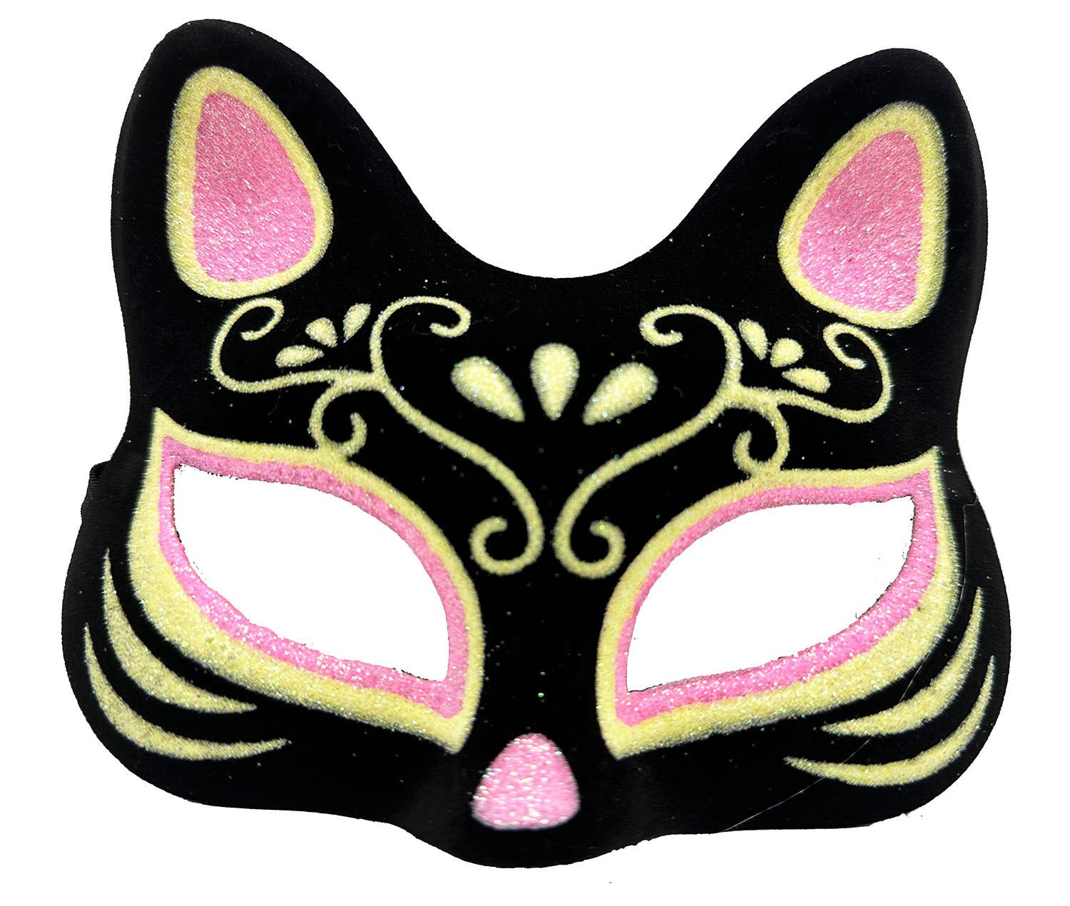 Siyah Renk Süet Kaplama Üzeri Pembe Sarı Simli Kedi Maskesi 17x14 cm (4944)