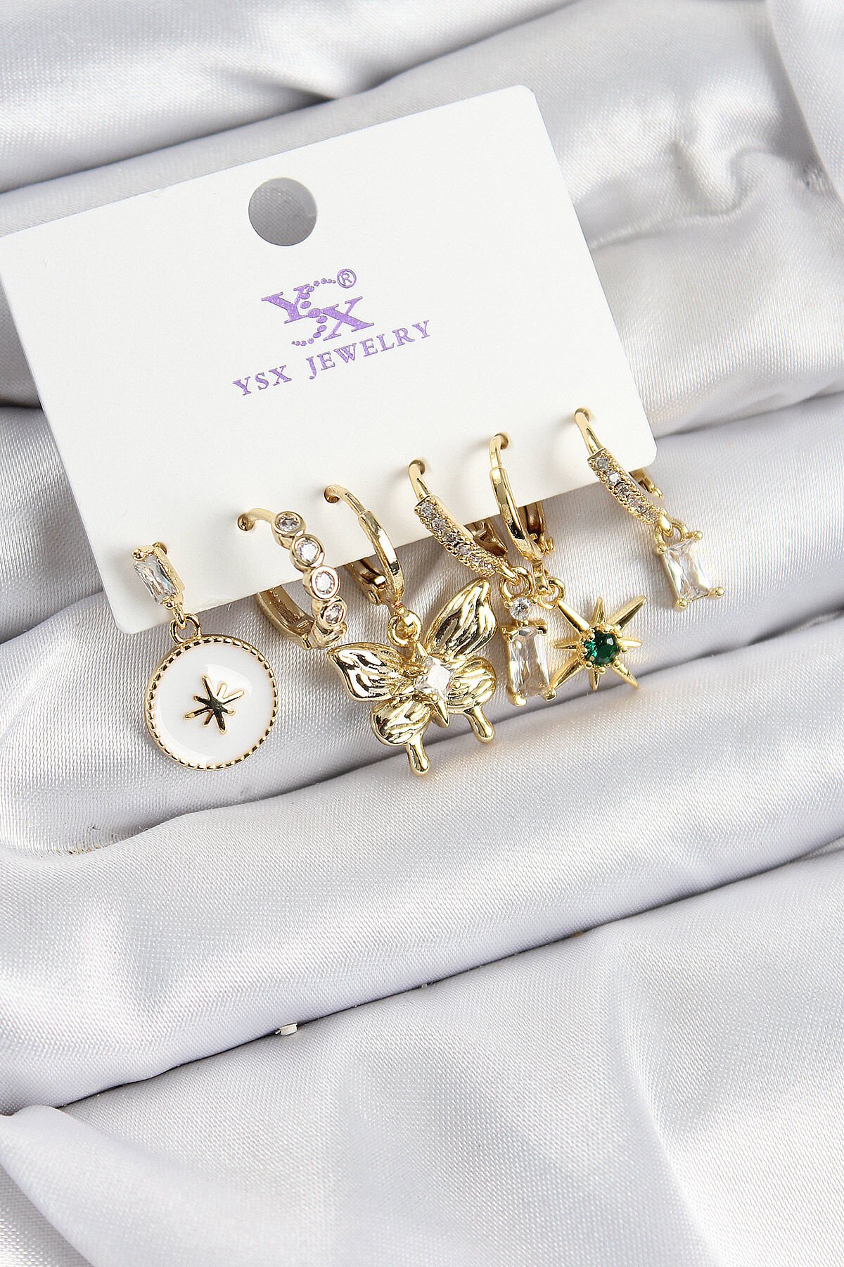 Pirinç Zİrkon Taşlı Kelebek ve Yıldız Model Gold Renk 3'lü Çift Kadın Küpe - TJ-BKP10959