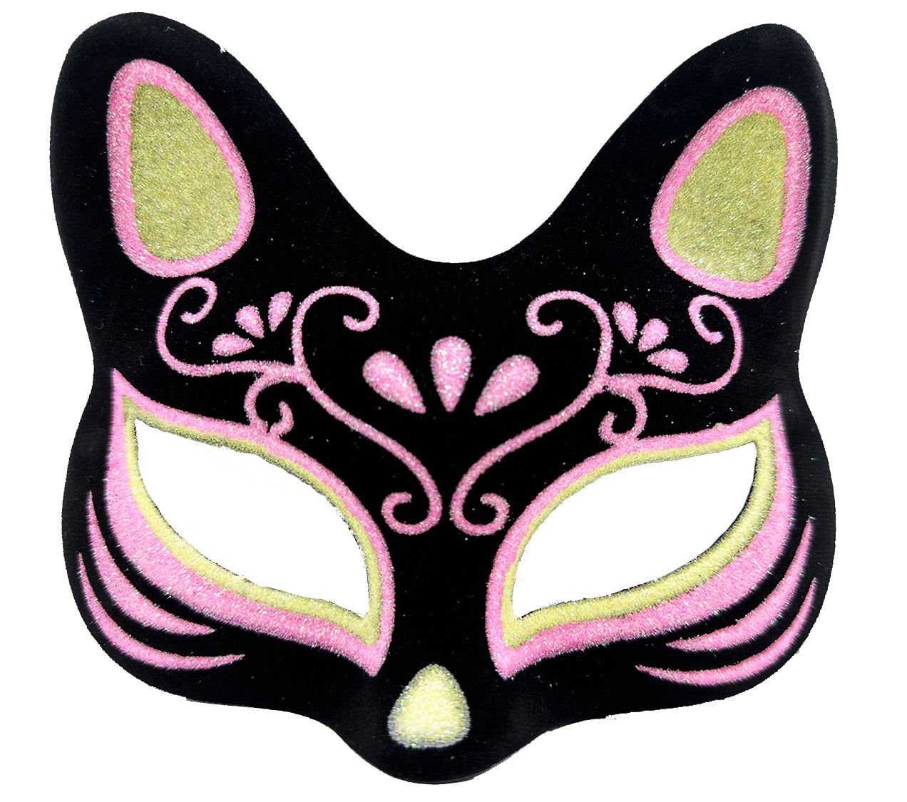 Siyah Renk Süet Kaplama Üzeri Sarı Pembe Simli Kedi Maskesi 17x14 cm (4944)