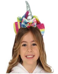 Gümüş Renk Boynuzlu Payetli Fiyonklu Unicorn Tacı 17x27 cm