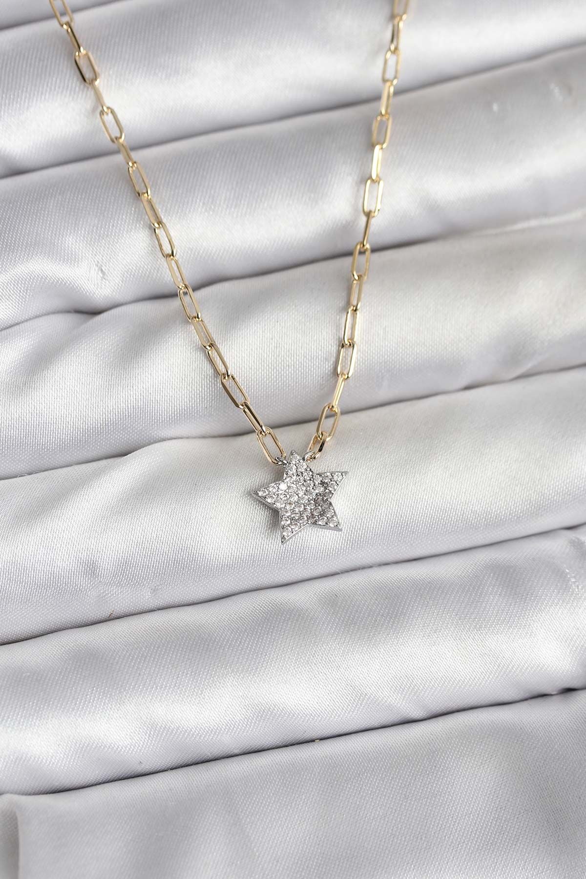 Pirinç Gold Renk Zincirli Zirkon Taşlı Minimal Yıldız Model Kadın Kolye - TJ-BKO10752