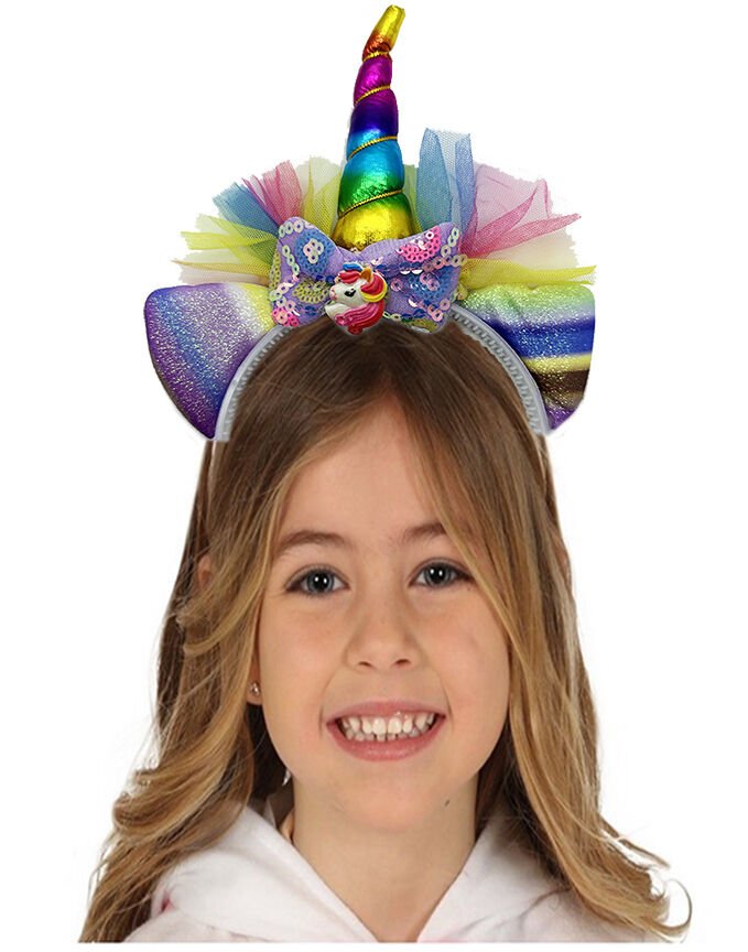 Rengarenk Boynuzlu Payetli Fiyonklu Unicorn Tacı 17x27 cm