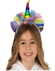 Rengarenk Boynuzlu Payetli Fiyonklu Unicorn Tacı 17x27 cm