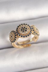 Pirinç Gold Renk Zirkon Taşlı Nazar Boncuk Model Ayarlanabilir Model Kadın Yüzük - TJ-BYK3698