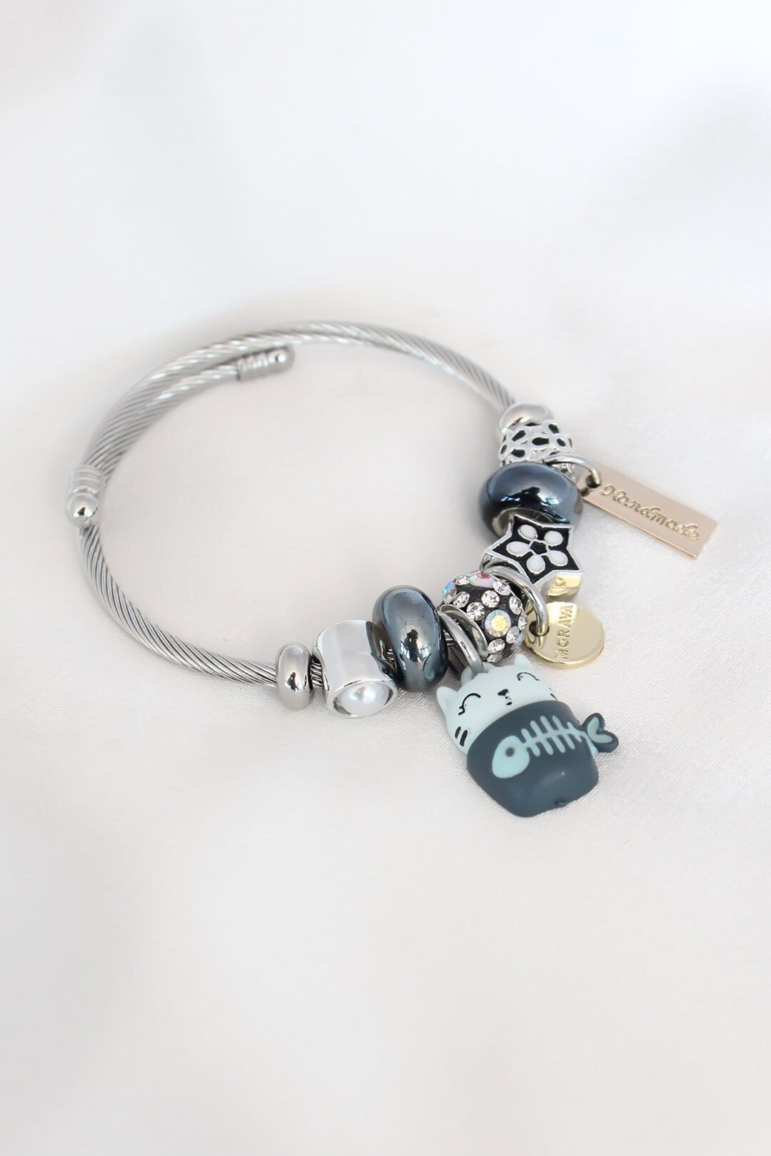 Mavi Kedi Figür Yıldız Detay Gümüş Renk Charm Çelik Kadın Bileklik - TJ-BB4483