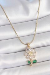 316L Çelik Gold Renk Minimal Topçuk Zincir Zirkon Taşlı Papatya Model Kadın Kolye - TJ-BKO10204