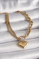 316L Çelik Gold Renk 2'Li Zincir Model Kalp Figür Kadın Bileklik - TJ-BB6727