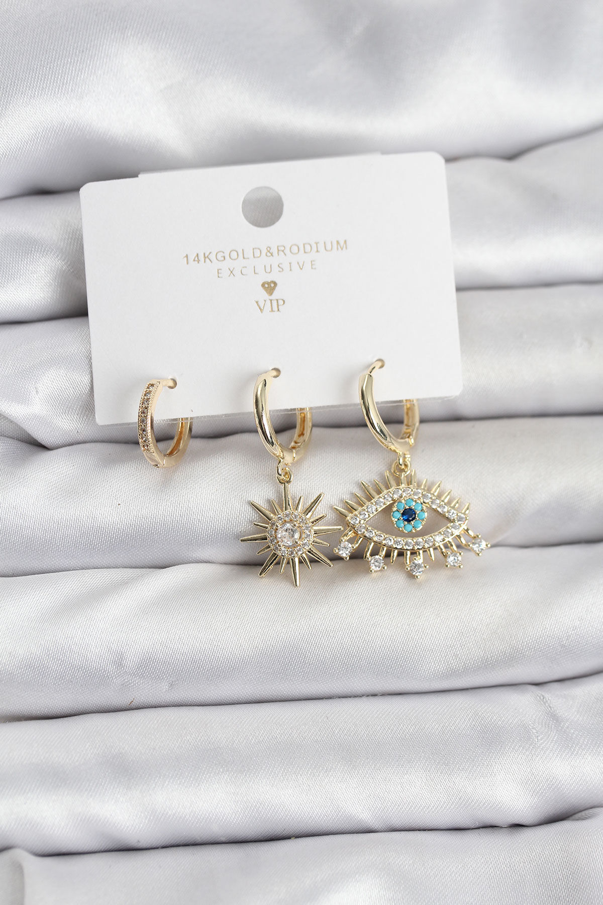 Göz Model Gold Renk Pirinç 3'lü Kadın Küpe Seti - TJ-BKP11439