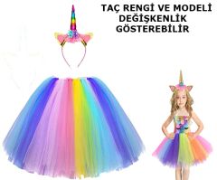 Unicorn Tütü Etek ve Taç Seti - Unicorn Kostüm Seti Çocuk Boy