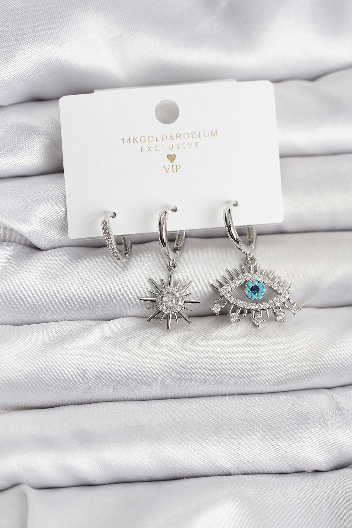 Göz Model Gümüş Renk Pirinç 3'lü Kadın Küpe Seti - TJ-BKP11440