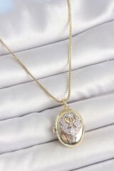 316L Çelik Gold Renk Zincir Zirkon Taşlı Anka Kuşu İşlemeli Açılır Model Kadın Kolye - TJ-BKO10213