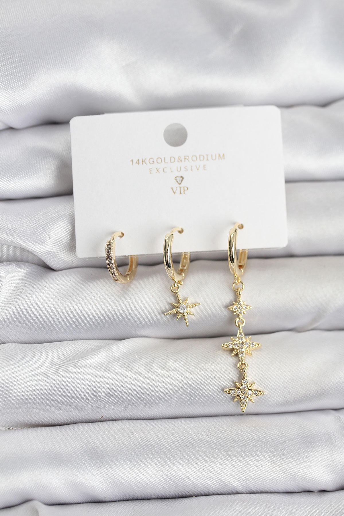 Kutup Yıldızı Model Gold Renk Pirinç 3'lü Kadın Küpe Seti - TJ-BKP11443