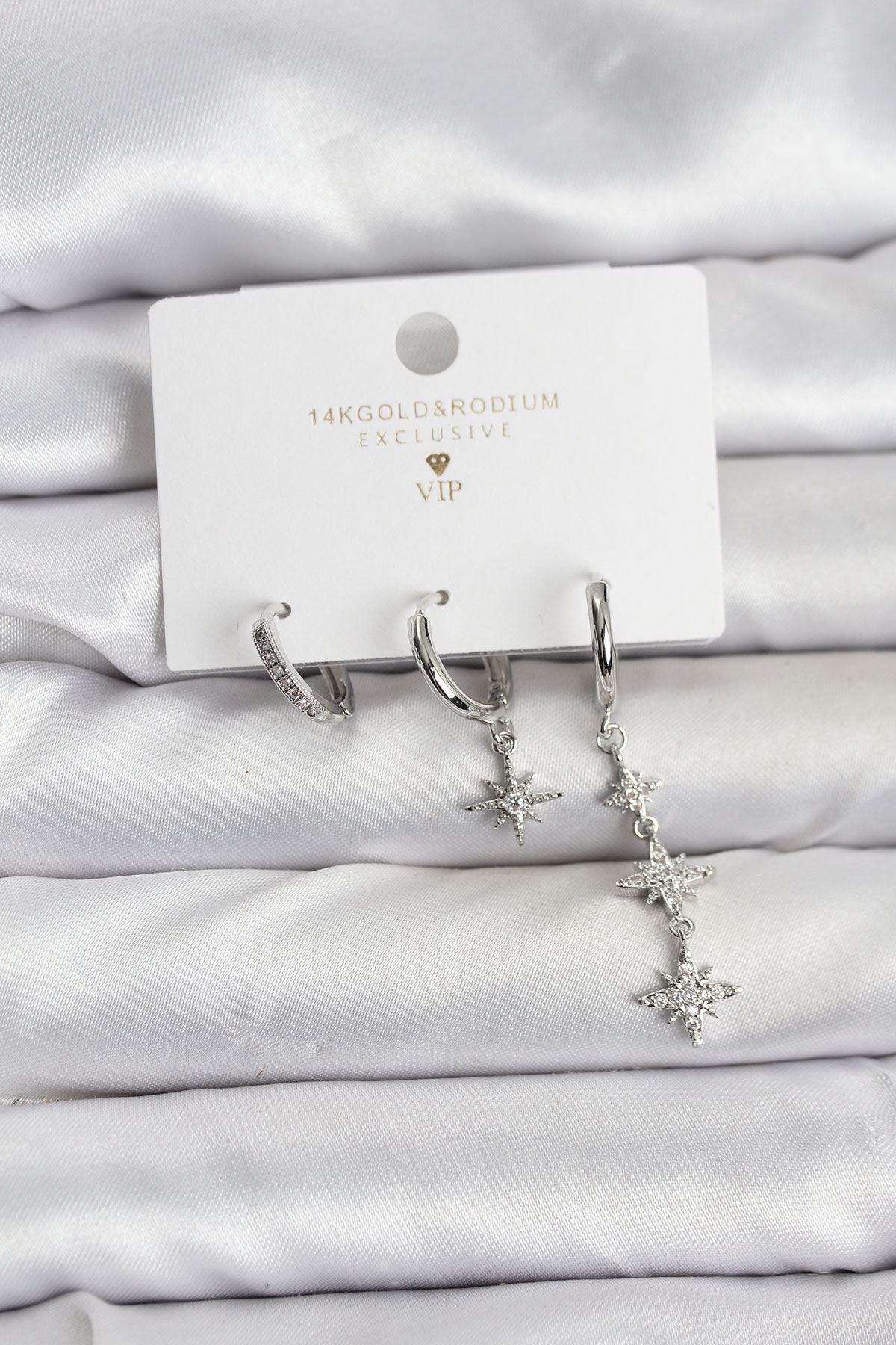 Kutup Yıldızı Model Gümüş Renk Pirinç 3'lü Kadın Küpe Seti - TJ-BKP11444