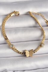 316L Çelik Gold Renk Yassı Zincir Zirkon Taşlı Simli Kelebek Figür Kadın Bileklik - TJ-BB6734