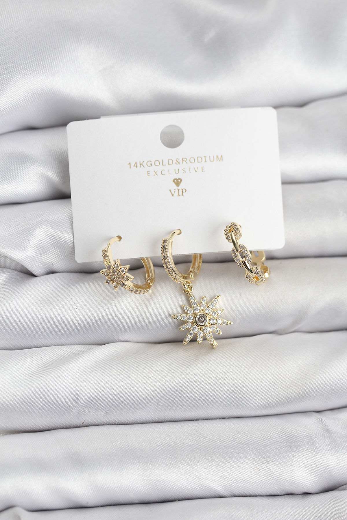 Pirinç Gold Renk Kutup Yıldızı Model 3'lü Kadın Küpe Seti - TJ-BKP11447