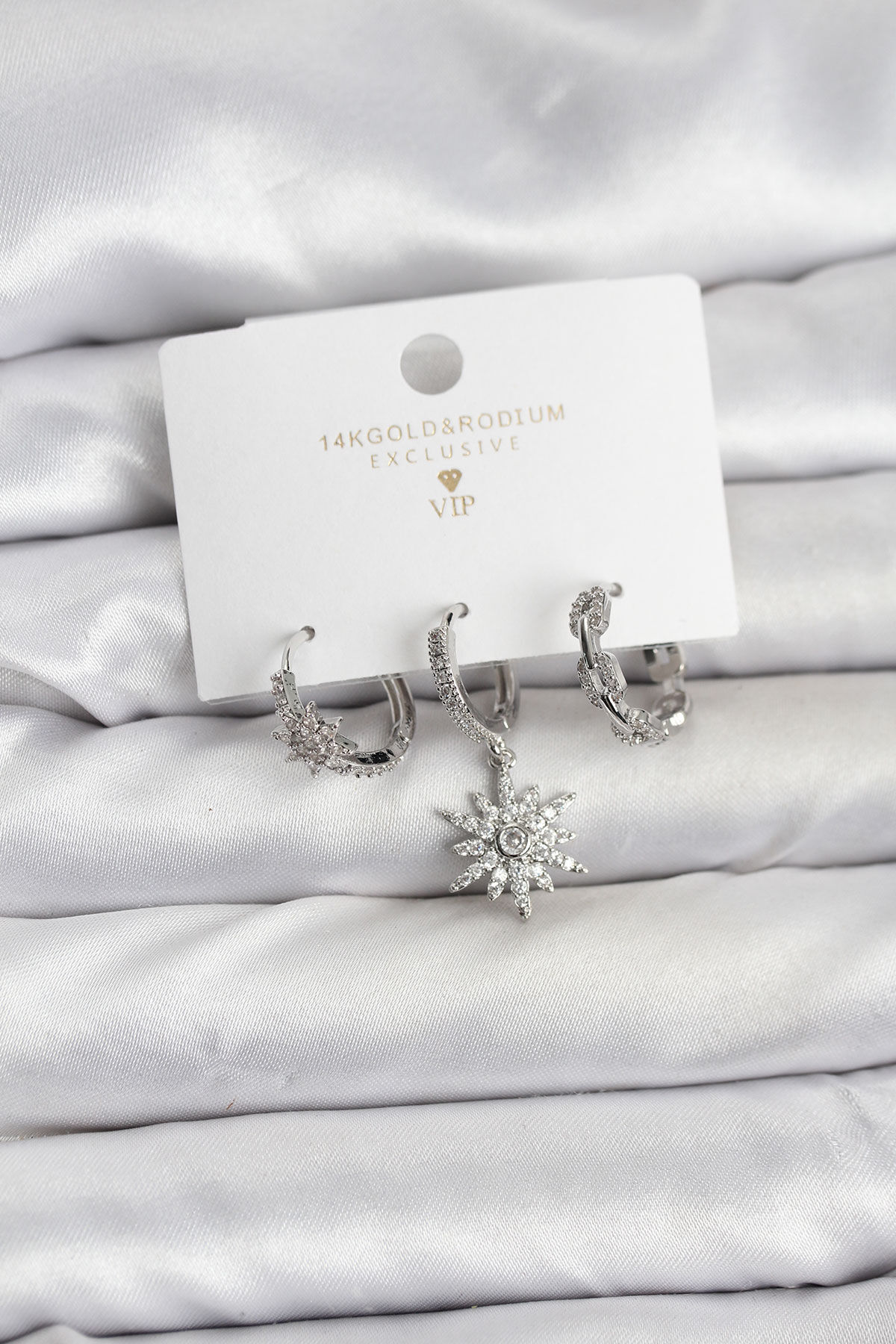 Pirinç Gümüş Renk Kutup Yıldızı Model 3'lü Kadın Küpe Seti - TJ-BKP11448