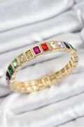 Pirinç Karışık Zirkon Taşlı Dikdörtgen Model Gold Renk Lastikli Kadın Bileklik - TJ-BB7493