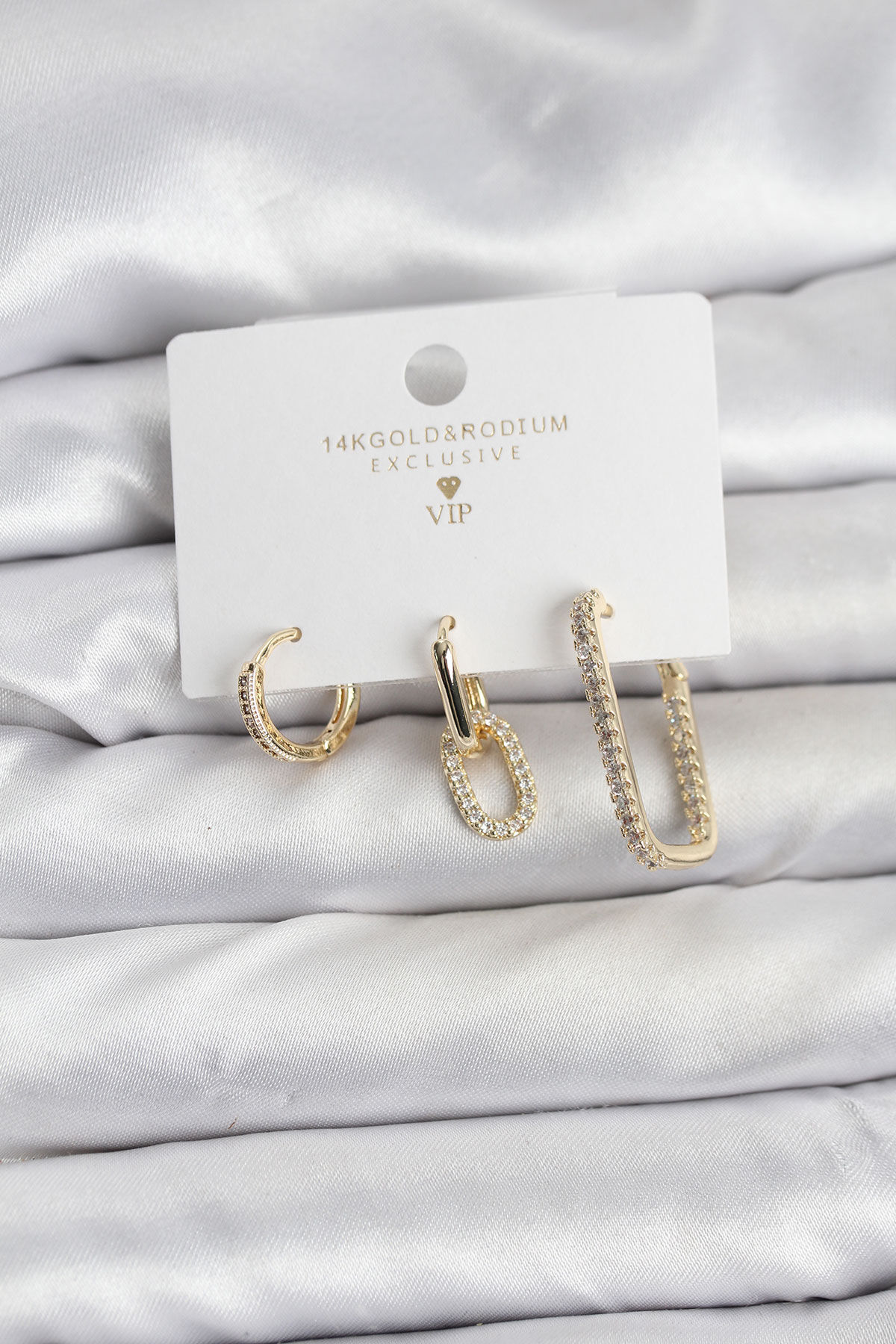 Gold Renk Zirkon Taşlı 3'lü Kadın Küpe Seti - TJ-BKP11449