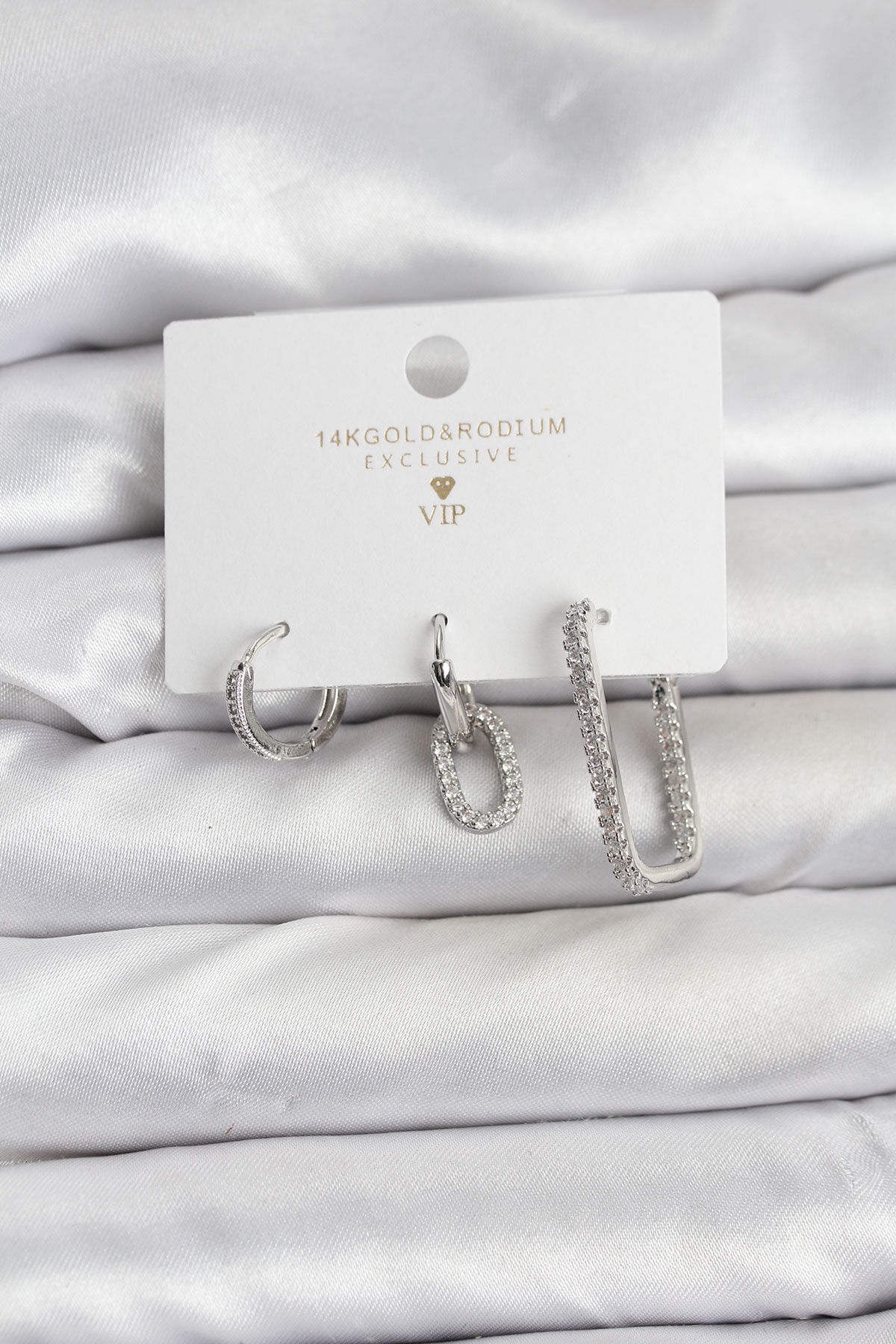 Gümüş Renk Zirkon Taşlı 3'lü Kadın Küpe Seti - TJ-BKP11450