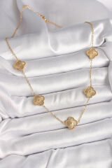 316L Çelik Gold Renk Zincir İşlemeli Yonca Model Kadın Kolye - TJ-BKO9924