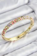 Mineli Pirinç Zirkon Taşlı Pembe Mor Çiçek Motifli Gold Kadın Kelepçe - TJ-BB7757