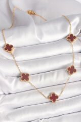 316L Çelik Gold Renk Zincir Bordo Yonca Model Kadın Kolye - TJ-BKO9926