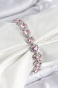 Pirinç Zirkon Taşlı Pembe Kalp Baget Model Gümüş Renk VIP Seri Kadın Bileklik - TJ-BB7501