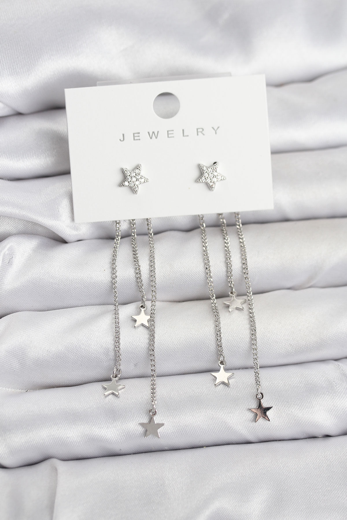 Yıldız Model Gümüş Renk Pirinç Sallantılı Kadın Küpe - TJ-BKP11462