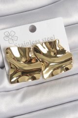 316 Çelik Gold Renk Dalgalı Plaka Kare Model Kadın Küpe - TJ-BKP10532